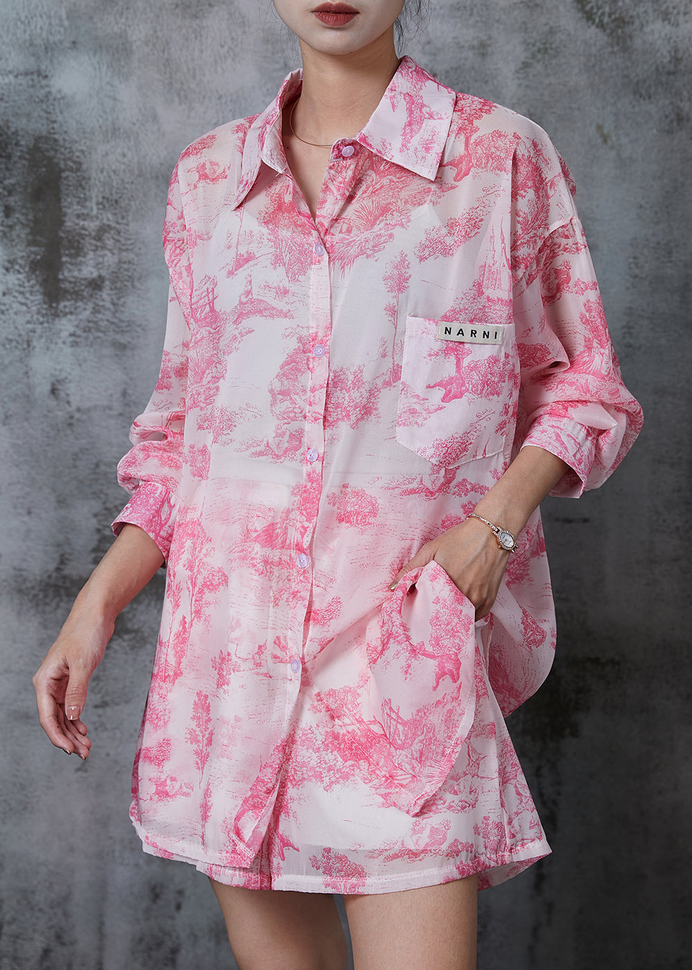 Schlichtes, rosa, übergroßes Chiffon-Zweiteiler-Set mit Druck für den Sommer QA1013 