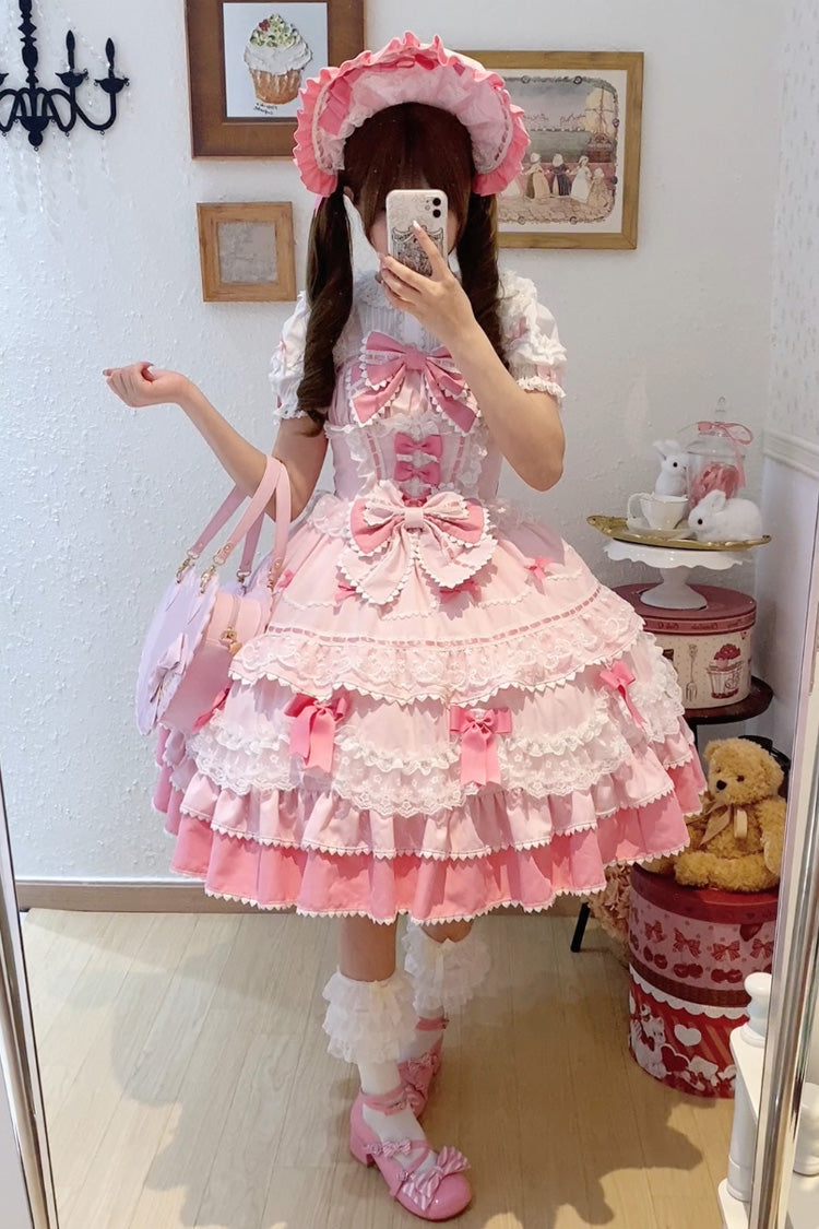 Blush Sleeveless Multi-Layered Ruffle Bow Lace Sweet JSK - Fondant Cake