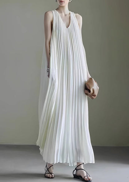 Wrinkled Long Dress Simple Neck V White Sleeveless Chiffon