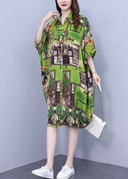 Loose Green Print Pockets Cotton Shirts Dress Half Sleeve NN030