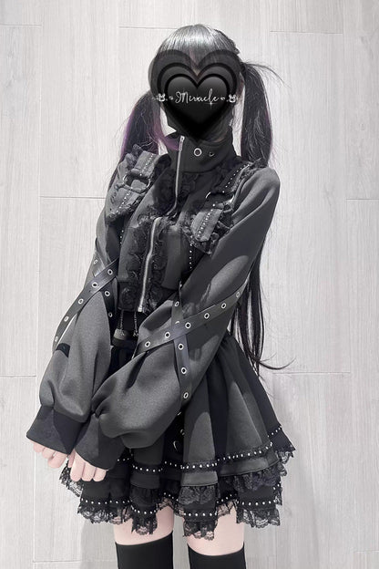 Japanese Handsome Skirt Set with Ruffled Lace and Zipper in Black
