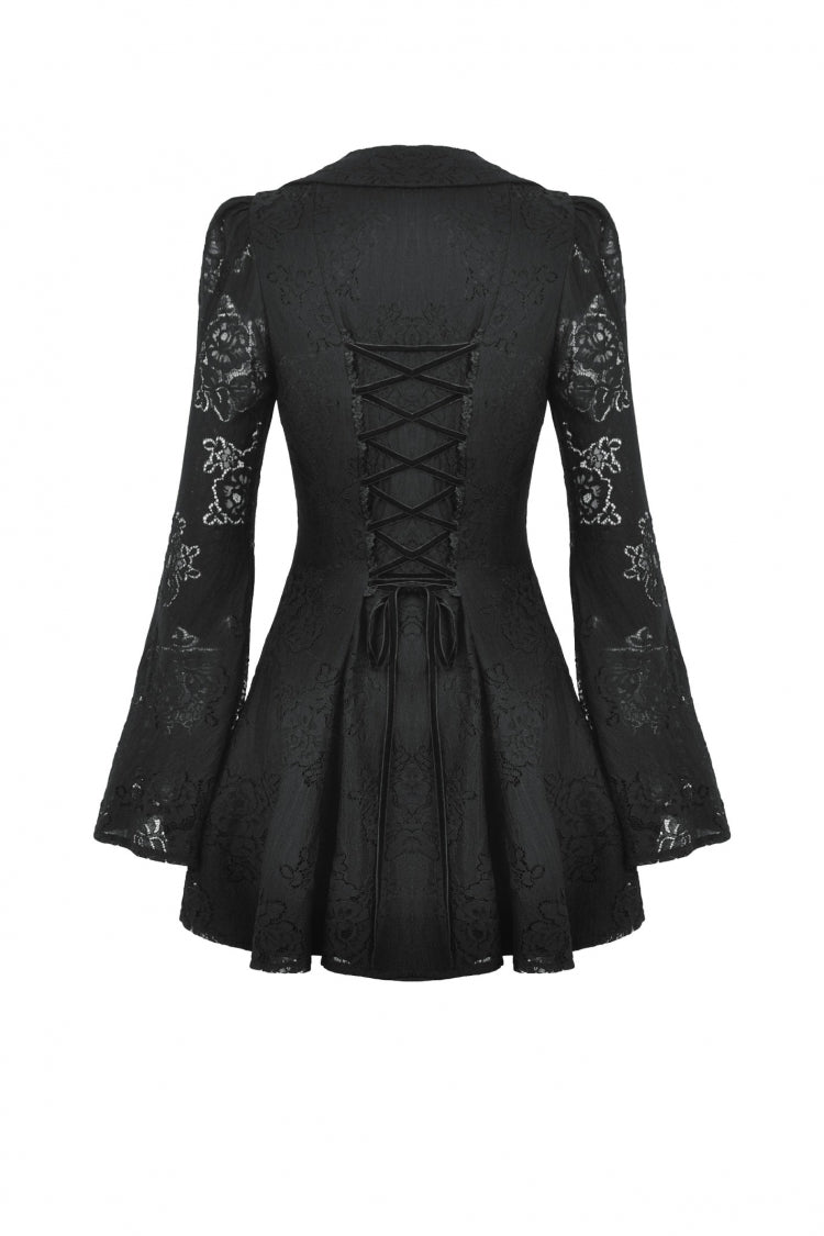 Ebony Flared-Sleeve Embroidered Lace-Up Gothic Honeymoon Dress