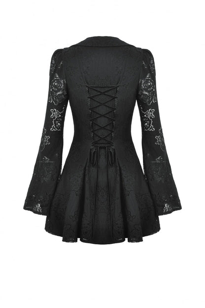 Ebony Flared-Sleeve Embroidered Lace-Up Gothic Honeymoon Dress