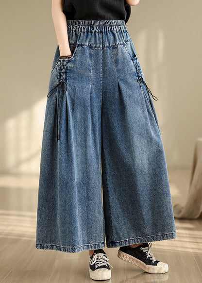 Summer Pants Strap Wide Wrinkled Denim Blue Cross Leg