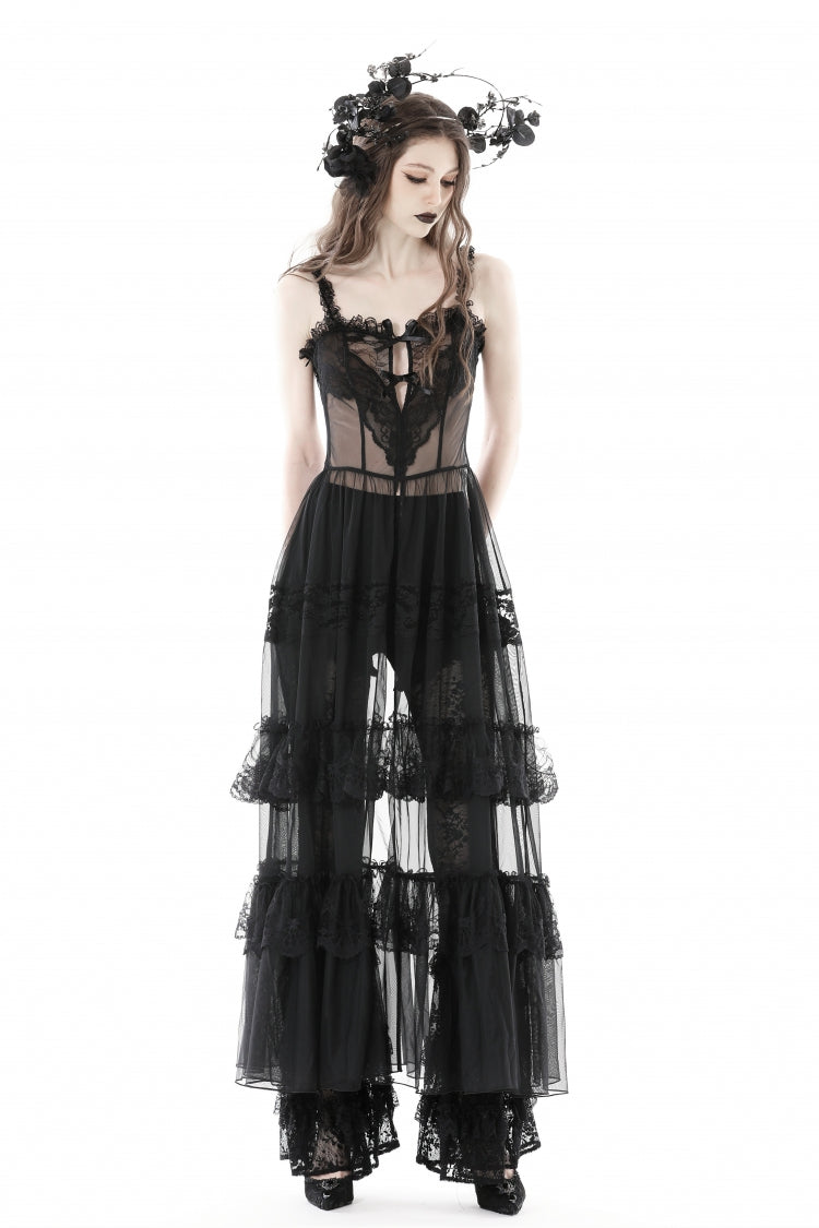 No-Sleeve Layered Lace Sheer Mesh Gothic Slip Gown