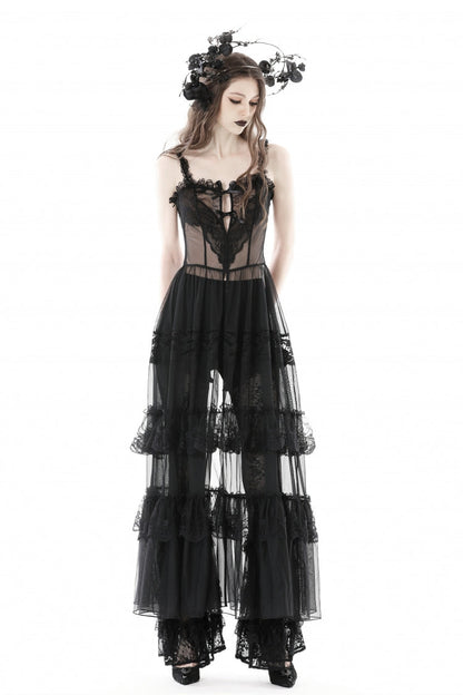 No-Sleeve Layered Lace Sheer Mesh Gothic Slip Gown