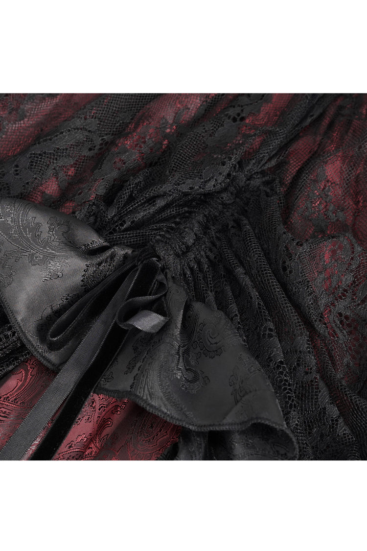 Crimson & Obsidian Ruffle Lace Drawstring Gothic Skirt