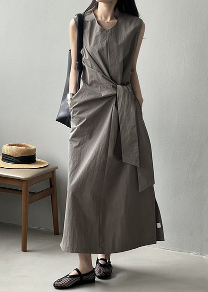 Pockets Grey V Cotton Long Sleeveless Design Dress Neck Original