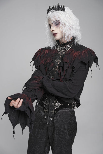 Crimson & Obsidian Stand Collar Long Sleeves Ruffled Plunging Gothic Shirt