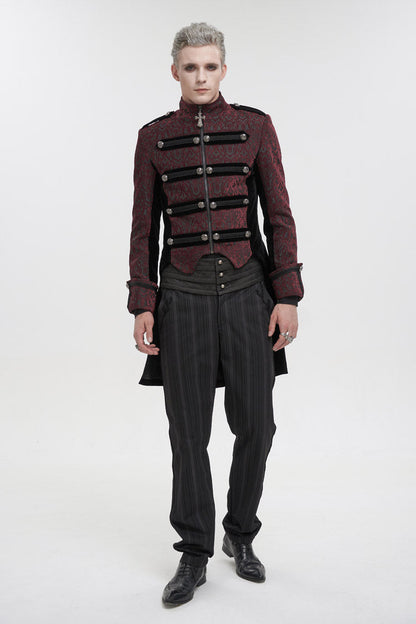 Crimson Vintage Gothic Jacket with Silk Collar and Cross Zipper