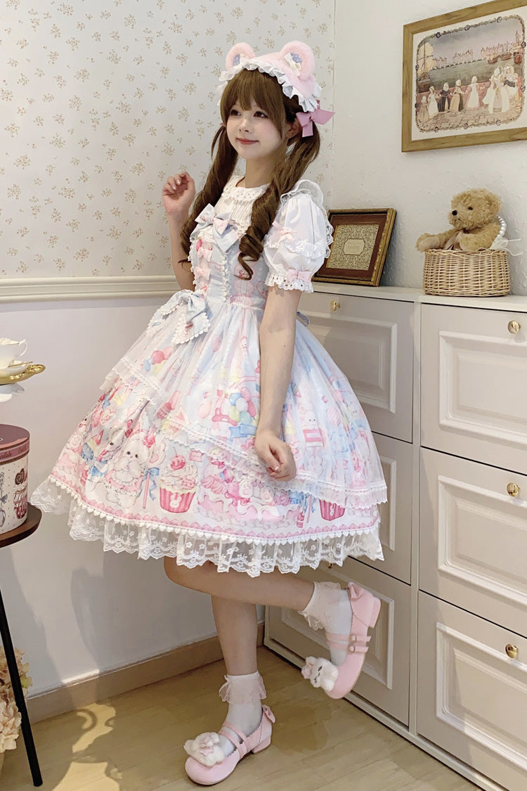 Azure Cute Rabbit Sweet Cake Print Ruffle Bow Lace Sweet Lolita Jumper Dress