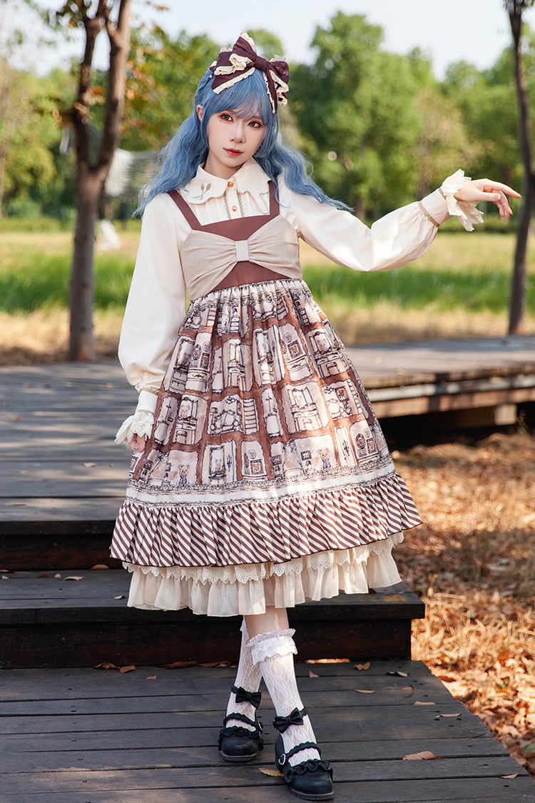 Underground Bear Print Ruffle Bow Sweet Lolita Dress - Brown