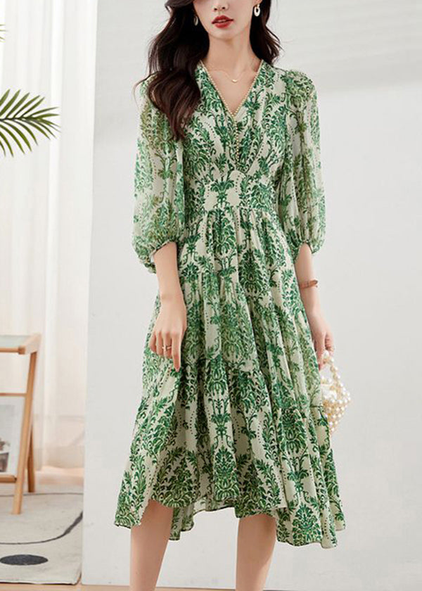 V Green Handmade Neck Bracelet Print Dresses Chiffon Vacation