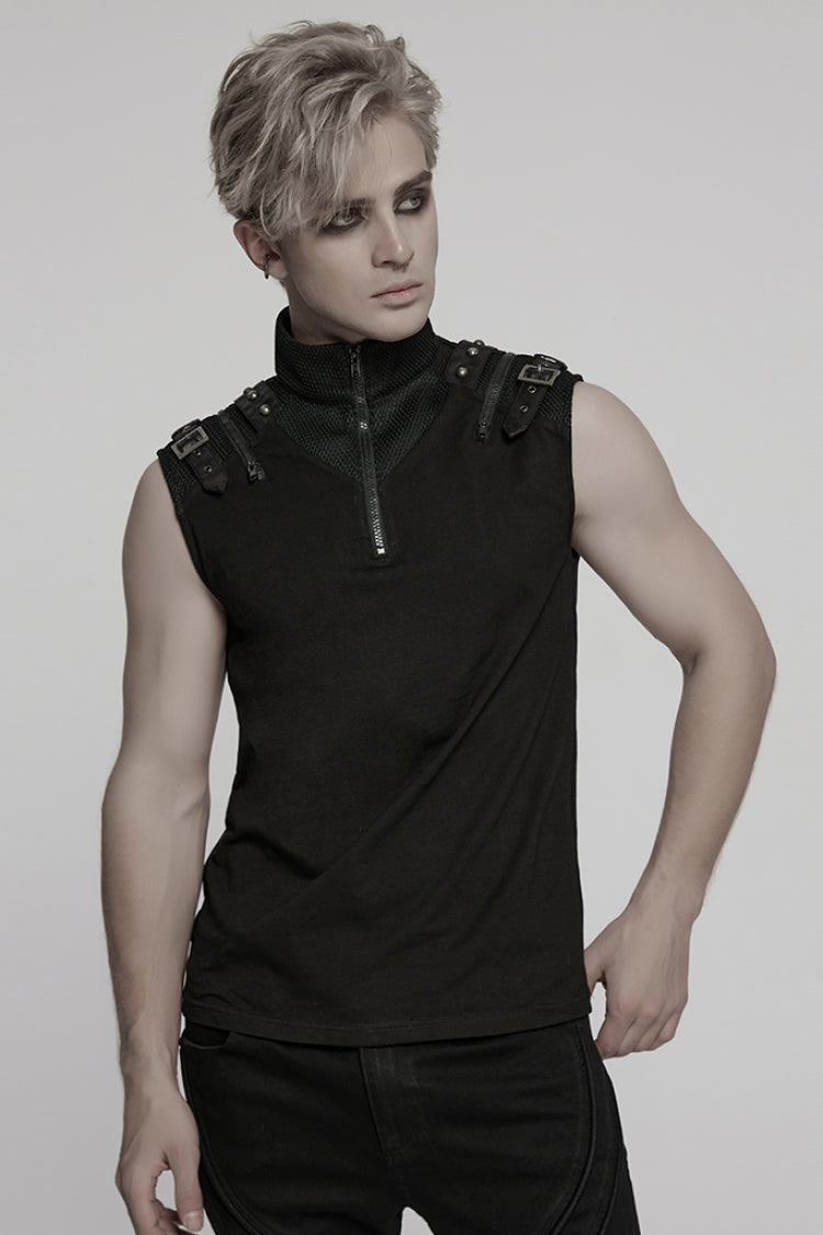 Men's Black Punk Vest, Sleeveless with Mesh, Stitching and Zipper