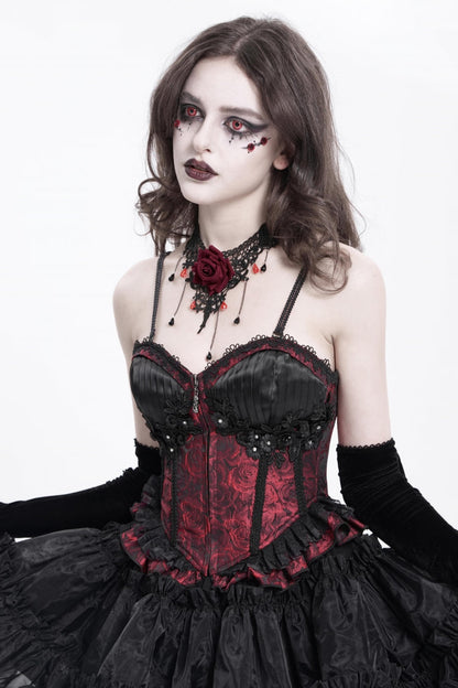 Crimson Gothic Tank Top with Lace-Up Embroidery and Ruffle Trim