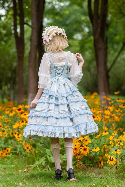 Multi-Layer Ruffle Sweet Elegant Lolita JSK Dress with Rabbit Dance Print - 4 Colors