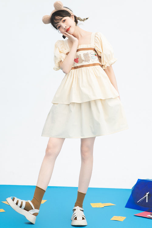 Vintage Sweet Lolita Gown with Bear Print, Square Neck & Ruffled Sleeves