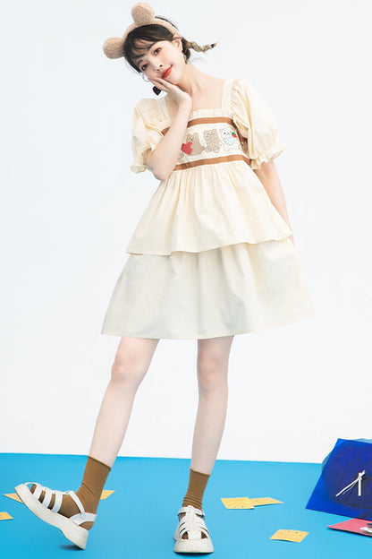 Vintage Sweet Lolita Gown with Bear Print, Square Neck & Ruffled Sleeves