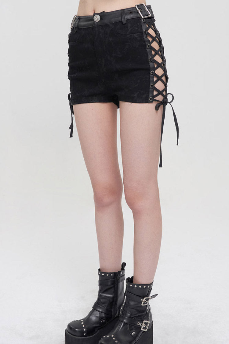 Adjustable Grommet Side-Strap Hollow Shorts in Black