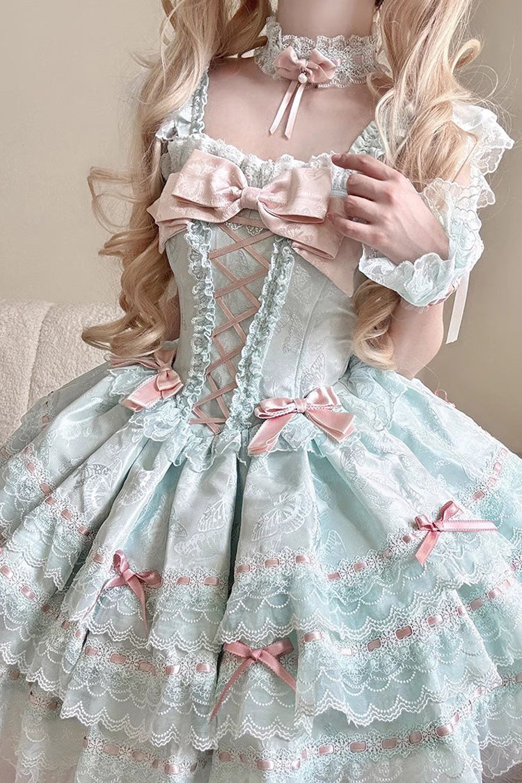 Emerald Sleeveless Ruffle Bow Lace Lace-Up Sweet Elegant Lolita Jumper Dress