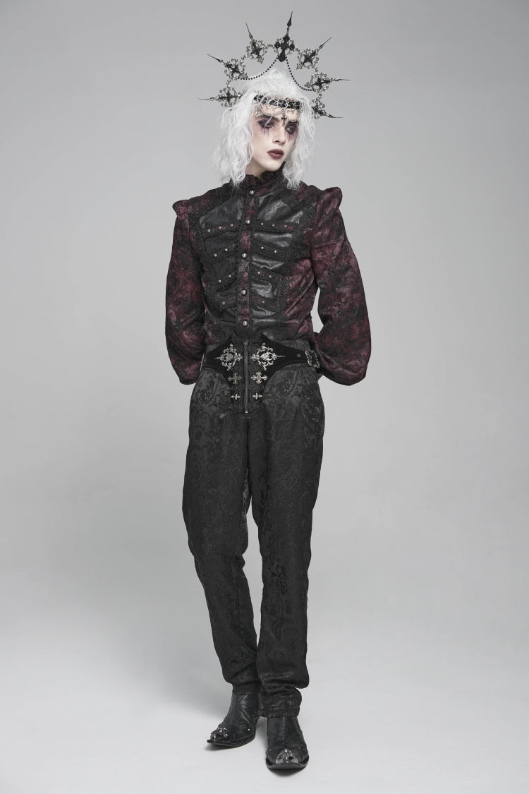 Crimson & Obsidian Stand Collar Long Lantern Sleeves Floral Print Embroidery Gothic Blouse