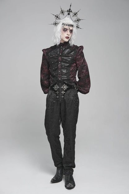 Crimson & Obsidian Stand Collar Long Lantern Sleeves Floral Print Embroidery Gothic Blouse
