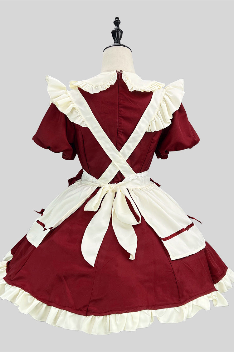 Plus-Size Sweet Maid Dress with Ruffle Bowknot and Lace, Short Sleeves, Wine/White - MaidCouture