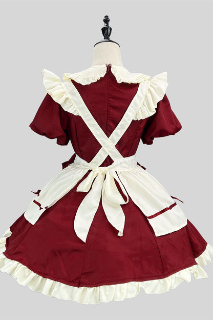 Plus-Size Sweet Maid Dress with Ruffle Bowknot and Lace, Short Sleeves, Wine/White - MaidCouture