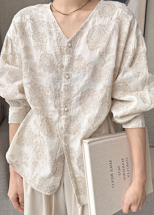 Neck Cotton Spring Apricot Button Jacquard V Casual Shirts