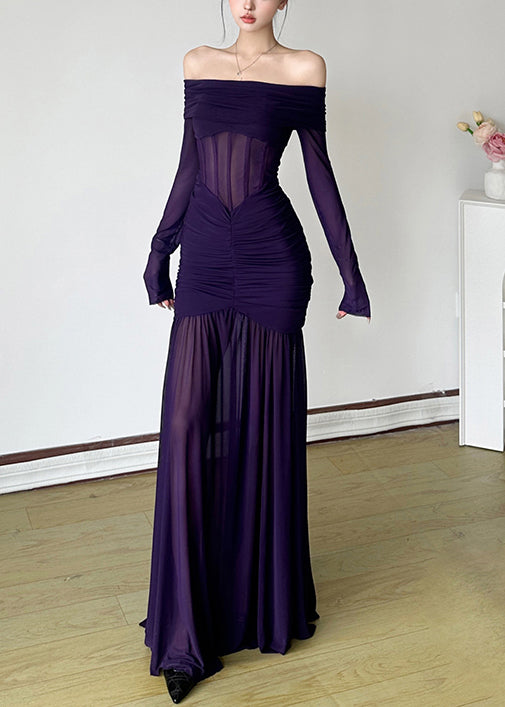 Slash Dresses Stylish Wrinkled Spring Neck Tulle Maxi Purple