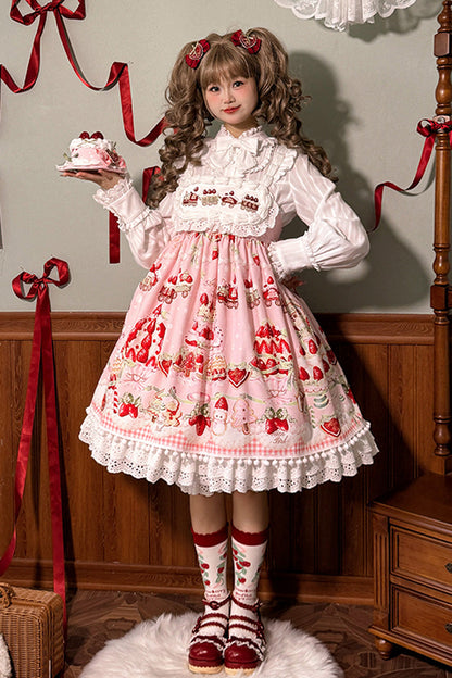 High Waisted Ruffle Bowknot Sweet Lolita JSK Dress with Strawberry Dessert Print - 4 Colors