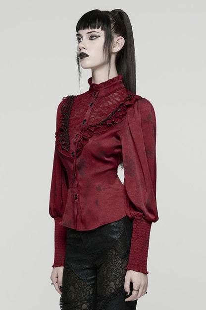 Crimson High-Neck Gothic Ruffled Blouse with Puffed Sleeves and Lace