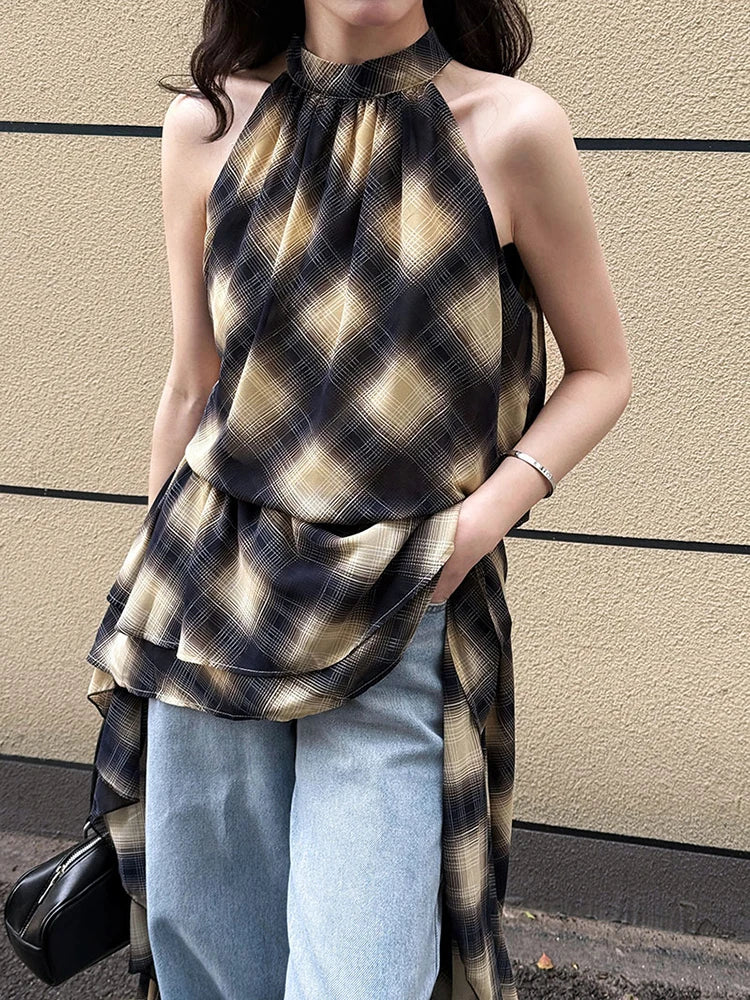 Asymmetric Khaki Plaid Neck Sleeveless Top High-Low Uniaue Halter