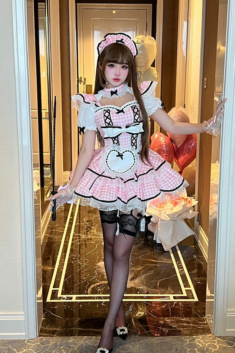 Blush Square Collar Short-Sleeve Double-Layer Printed Ruffle Bow Maid Dress - Girlish Plaid
