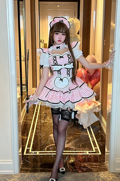 Blush Square Collar Short-Sleeve Double-Layer Printed Ruffle Bow Maid Dress - Girlish Plaid