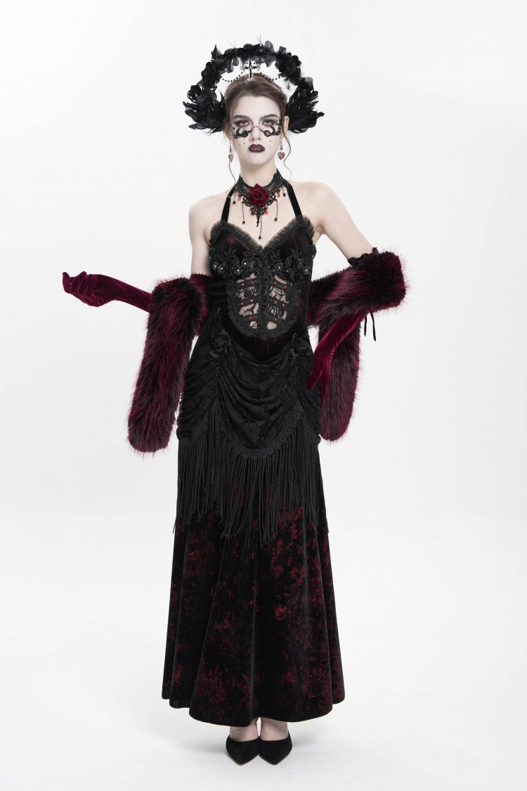 Crimson Gothic Maxi Dress with Floral Embroidery and Lace-Up Pleats