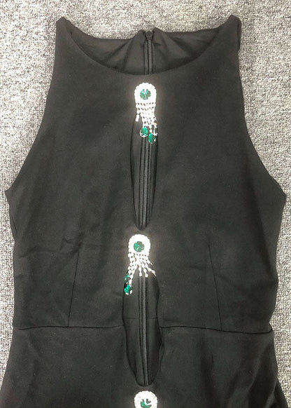 Hollow Slim Out Sleeveless Long Black Dresses Cotton Zircon Fit