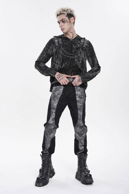 Ebony Long-Sleeve Hooded Sheer Ripped Faux Two-Piece Zip Eyelet Punk Tee