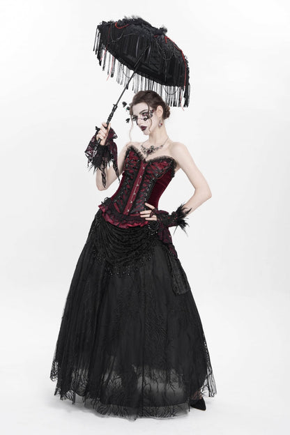 Crimson Gothic Overbust Corset with Beaded Lace and Lace-Up Back