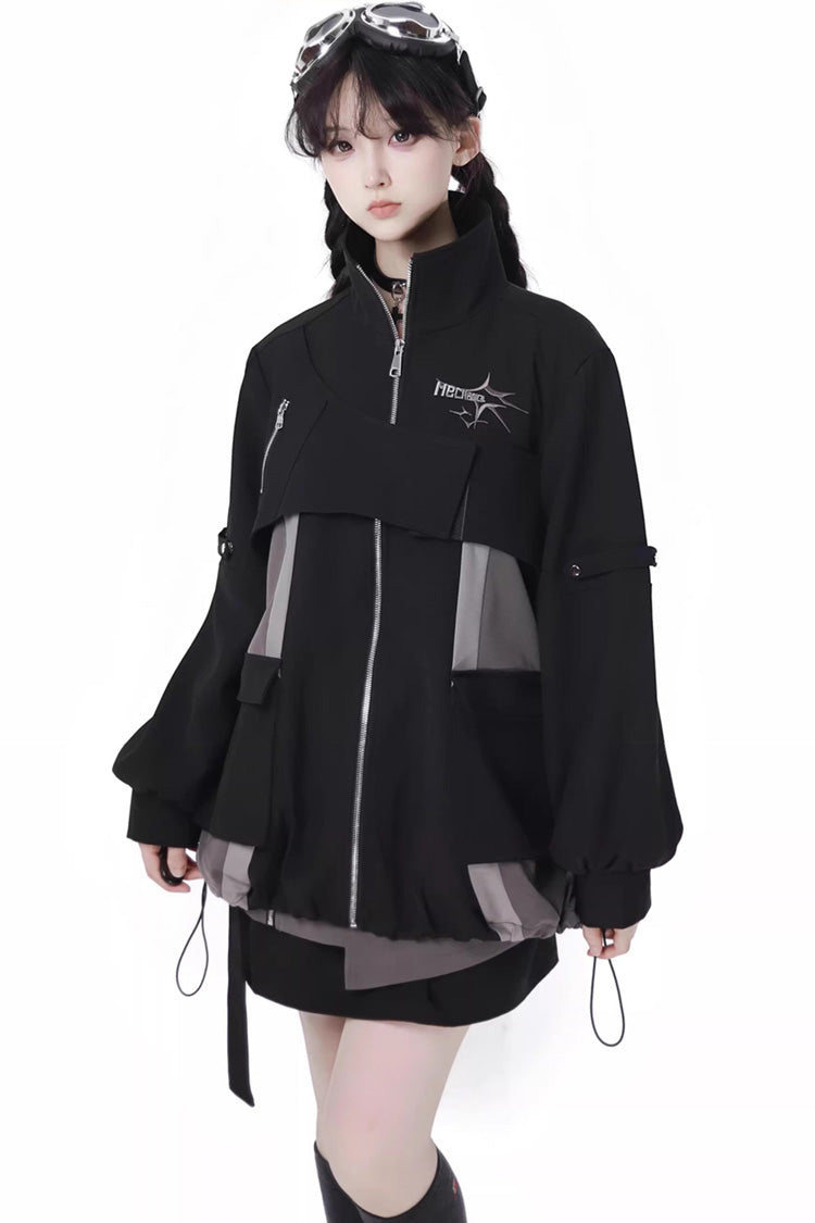 Ebony Techwear Paneled Zip Skirt & Jacket Set - Holographic Cruise