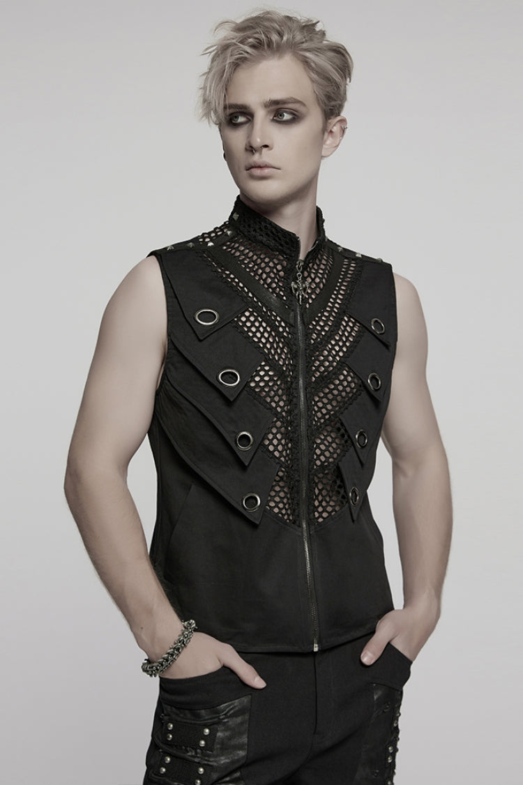 Men's Black Mesh Punk Vest, Stitched High Collar