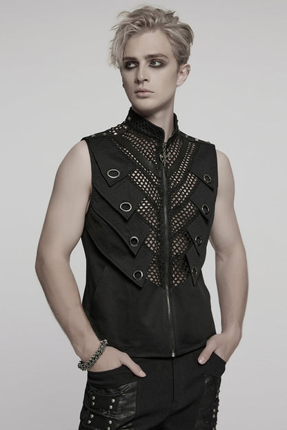 Men's Black Mesh Punk Vest, Stitched High Collar