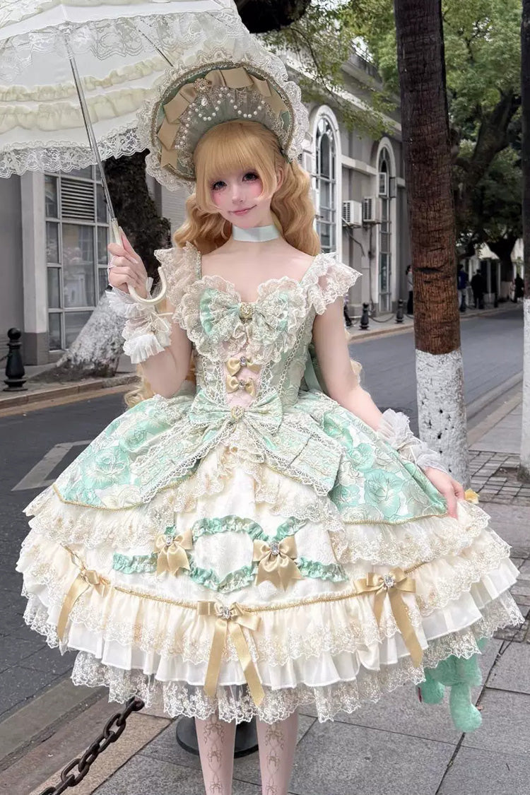 Emerald Gilded Waltz Square-Collar Sleeveless Embroidered Bow Gorgeous JSK