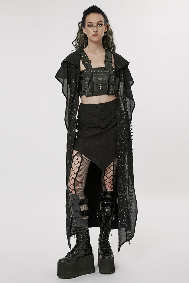 Steampunk Irregular Skirt with Black Jacquard Butterfly Embroidery and Lace