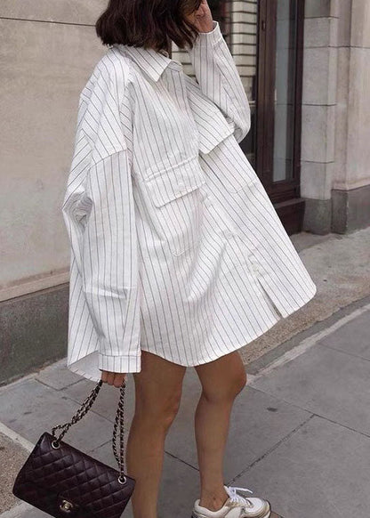 Spring Oversized Shirts Collar Cotton Striped Peter Pan White