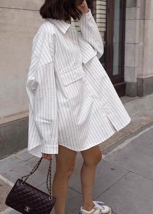 Spring Oversized Shirts Collar Cotton Striped Peter Pan White