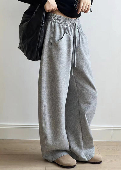 Casual Grey Pockets Drawstring Elastic Waist Cotton Pants Fall AF1072