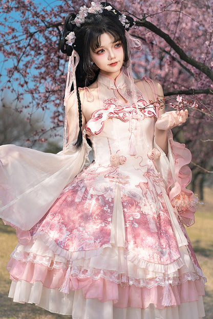Blush Multi-Layered Print Ruffle Bow Chinese Style JSK - Flower Feast