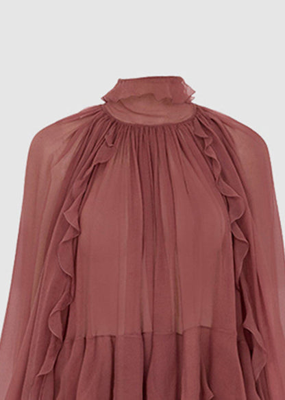 Chiffon Patchwork Tops Brick French Fall Ruffled Shirt Red