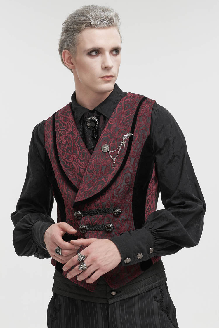 Crimson Slim Retro Gothic Vest with Jacquard and Metal Chain